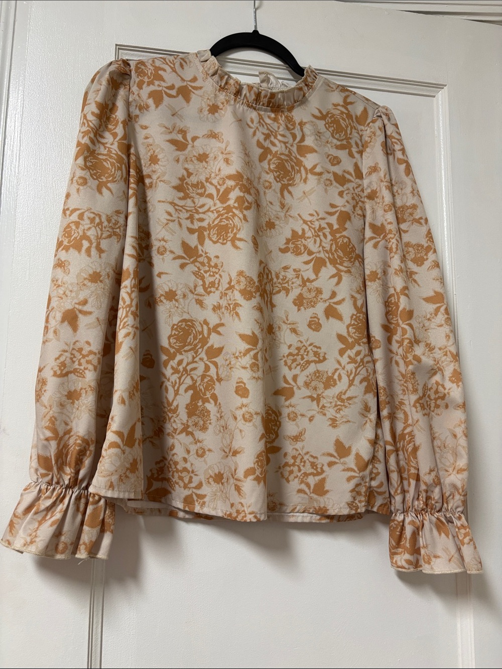 SHEIN Cream Blouse with Tan Floral Print and Ruffle Neck